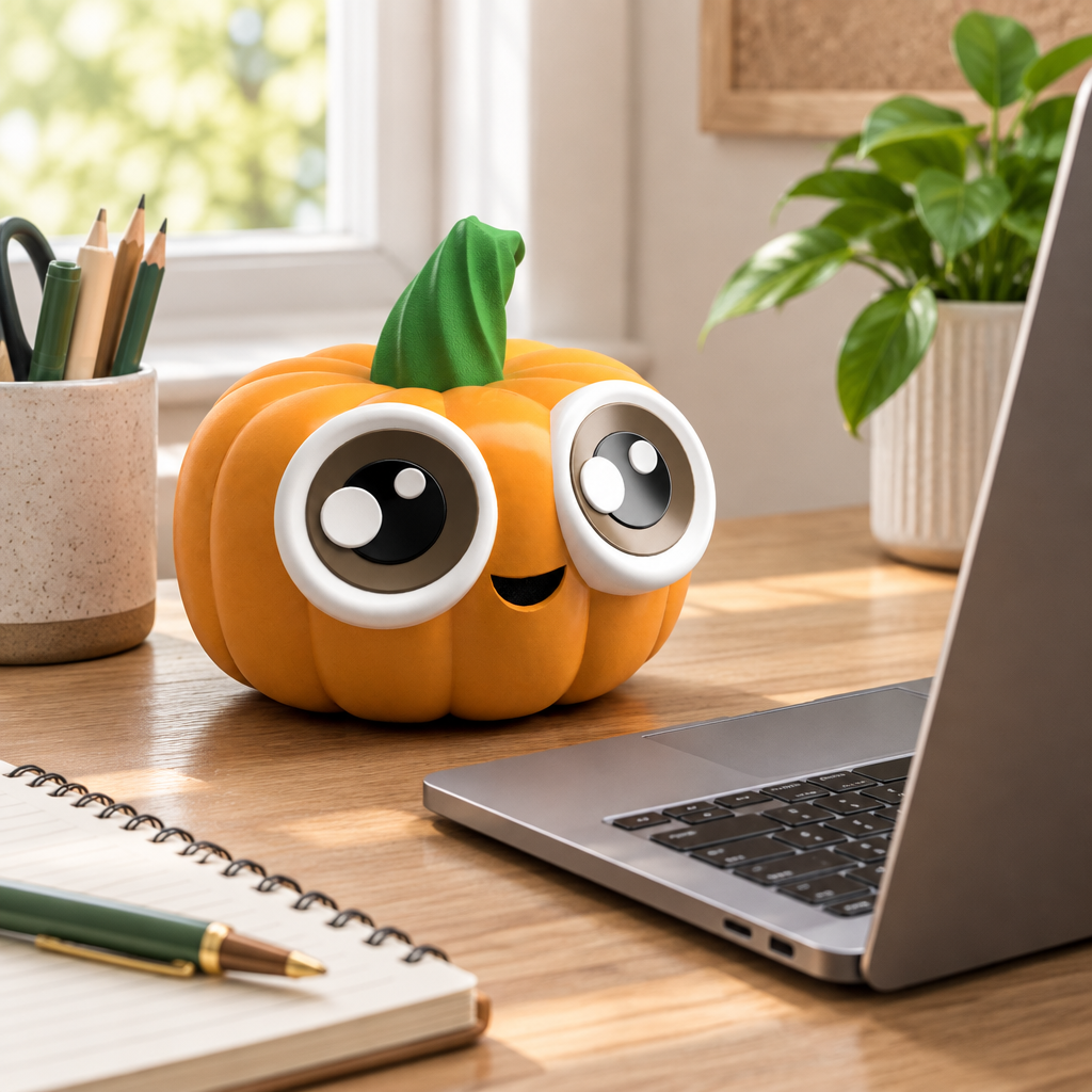 Cute Li'l Pumpkin displayed beside a laptop on a home-office desk