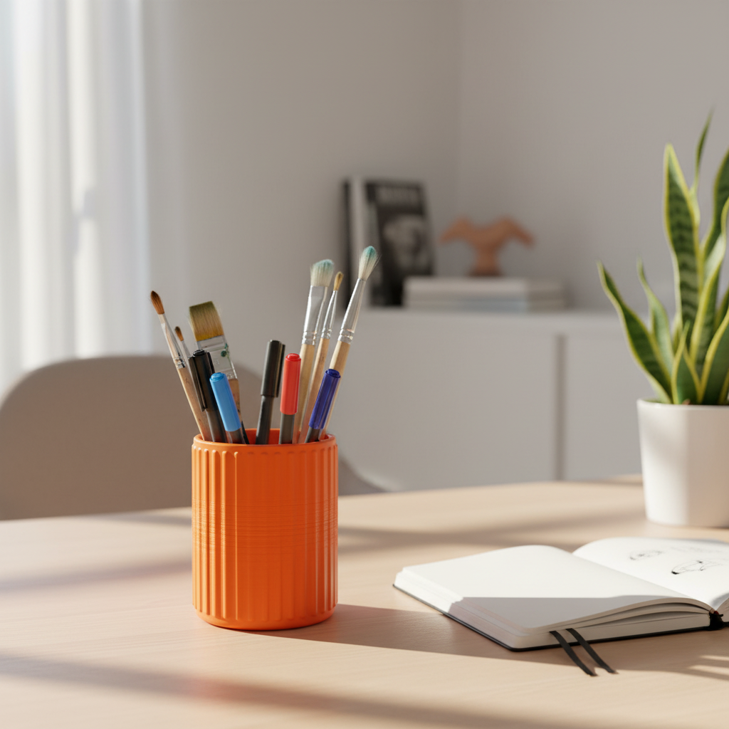 Ribbed Cylinder Utensil Holder - orange colourway holding pens and brushes on wooden desk, home office setting