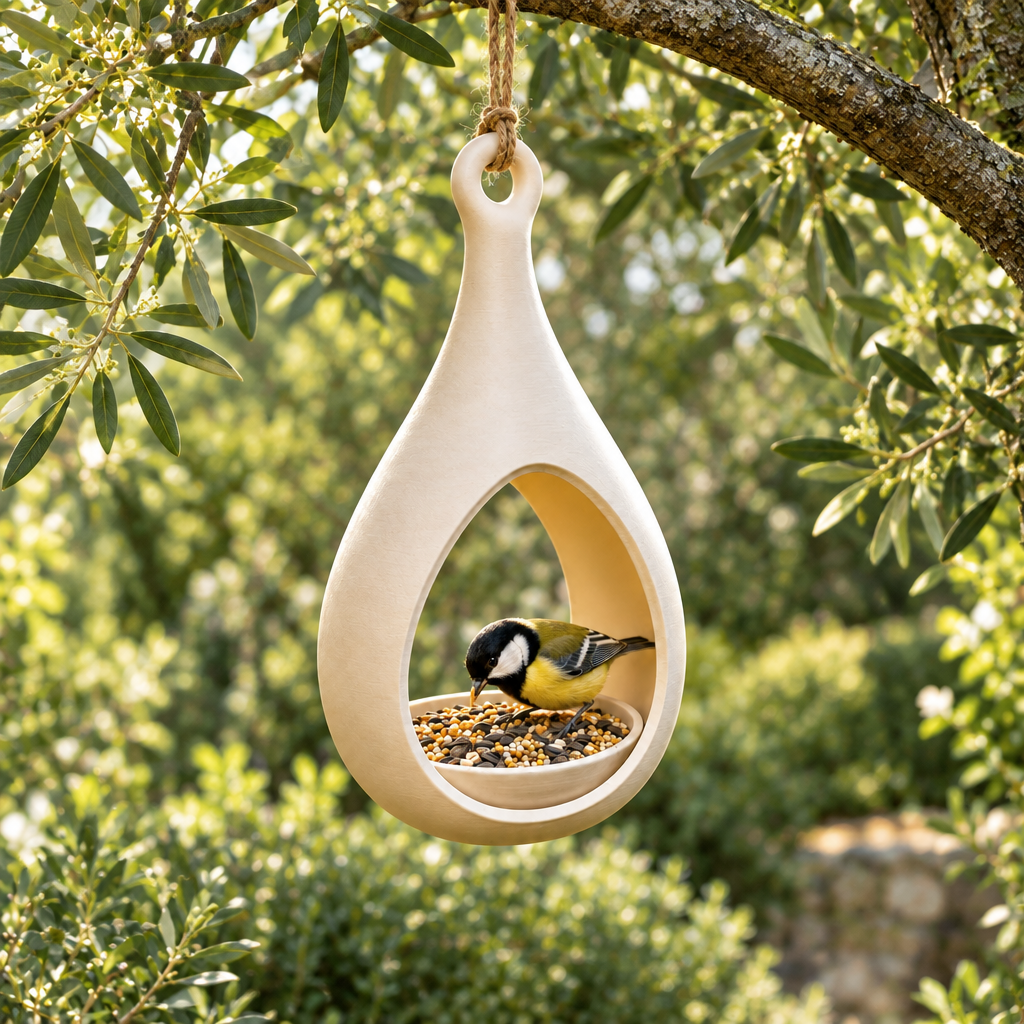 Elegant Drop bird feeder among garden foliage