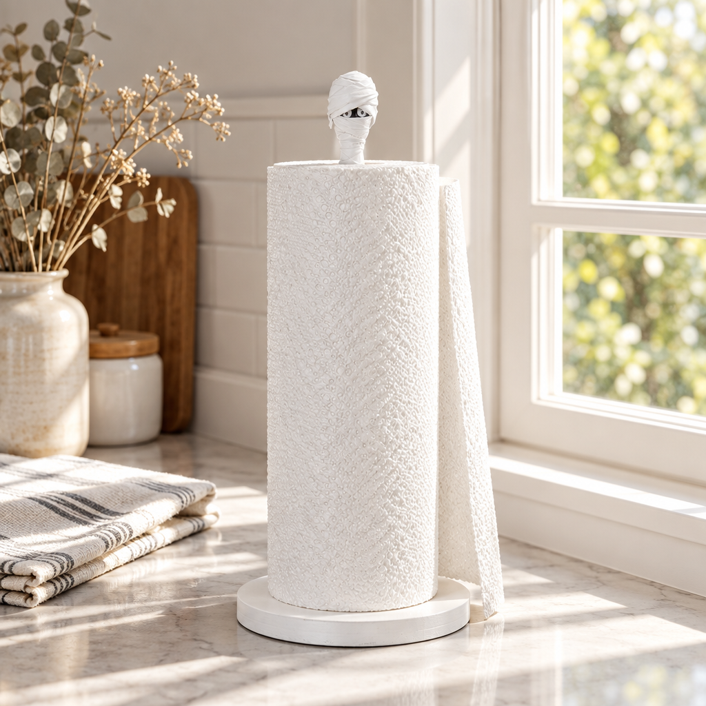 White mummy kitchen towel holder by a sunny breakfast nook window