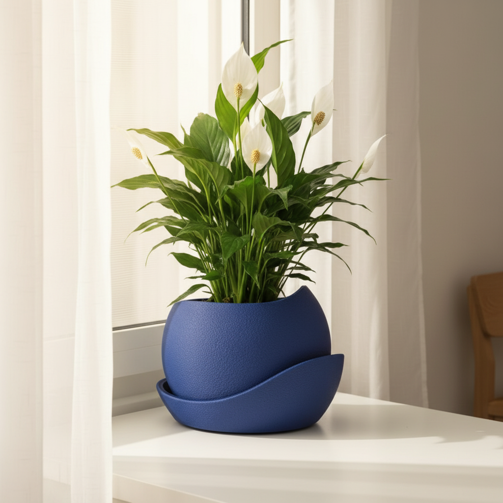 Deep blue shark skin plant pot with a peace lily on a bright sunny windowsill