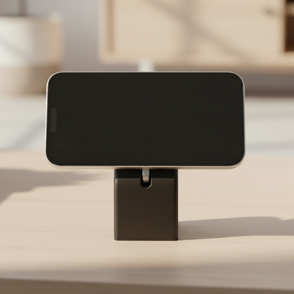 Minimalist MagSafe Charger Stand matte white rectangular dock low pedestal base macro close up pale travertine surface soft studio light clean geometric form precise proportions square editorial
