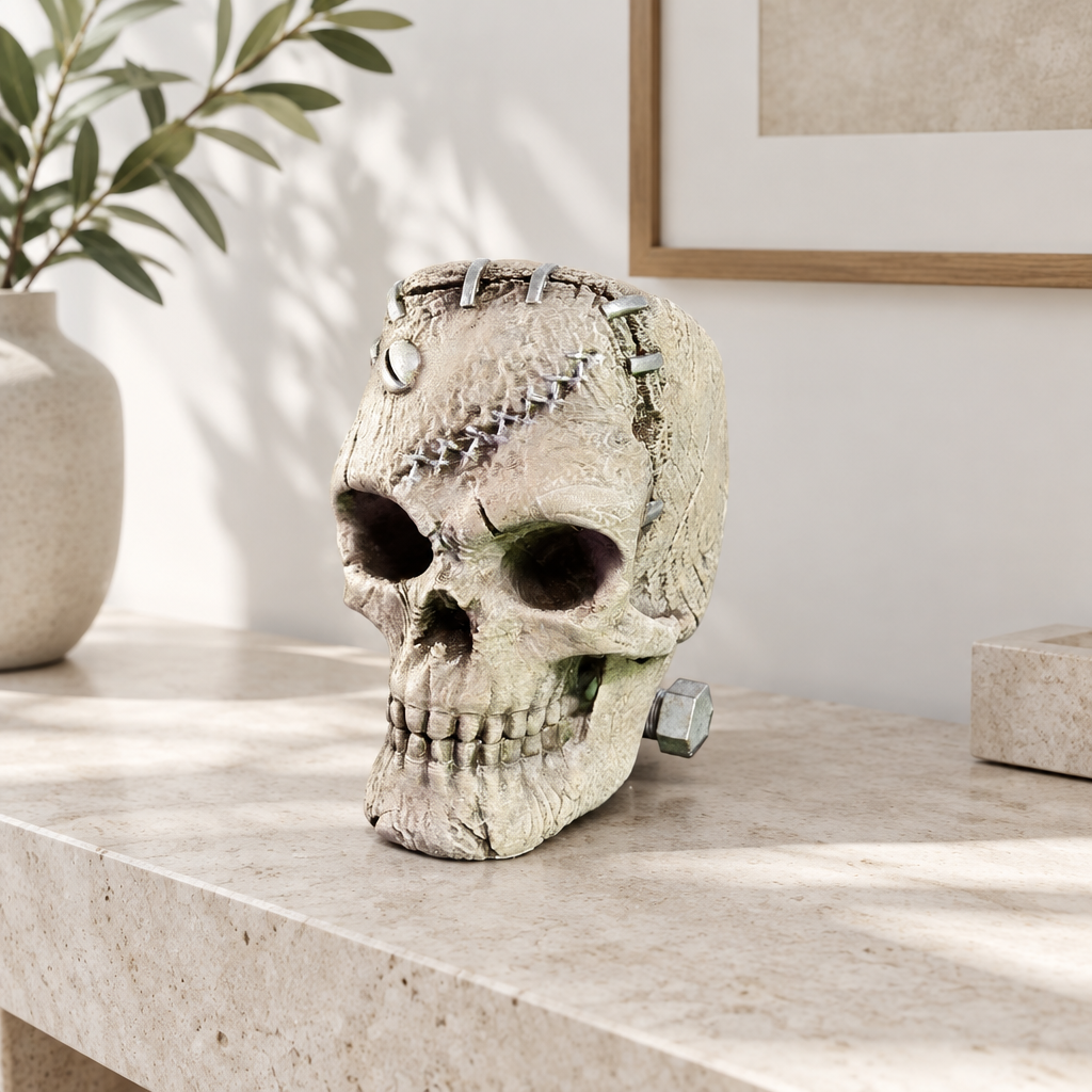 Pale textured skull with metal bolt resting directly on a bright stone console