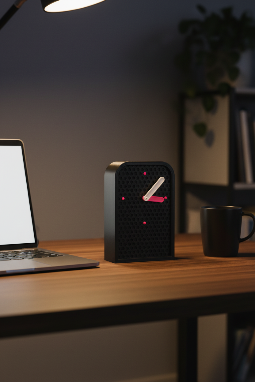 Black clock on walnut desk in moody home office - lifestyle