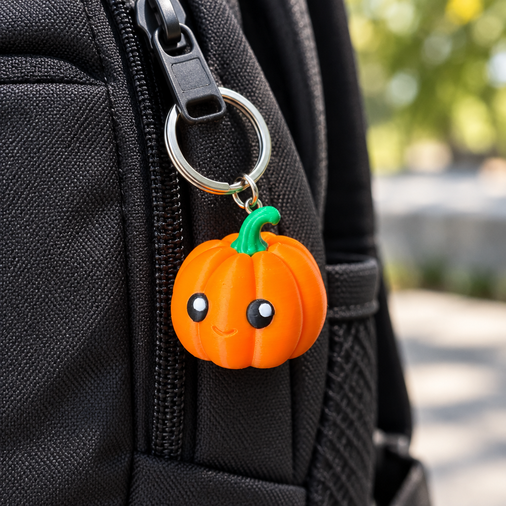 Pumpkin keychain clicker on backpack