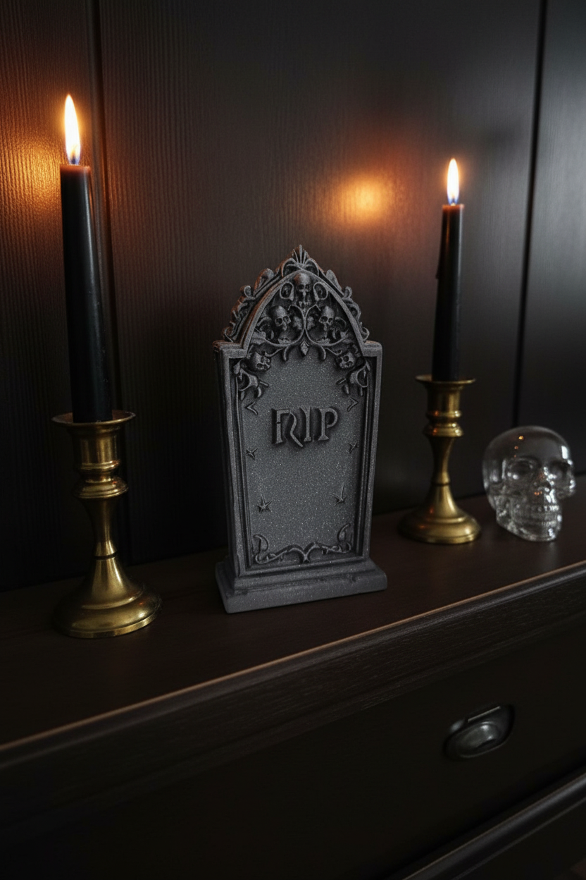 Scary Halloween tombstone dark grey sparkle gothic skull vine arch RIP dark oak mantelpiece black pillar candles brass holders glass skull ornament dramatic Halloween candlelight atmosphere portrait