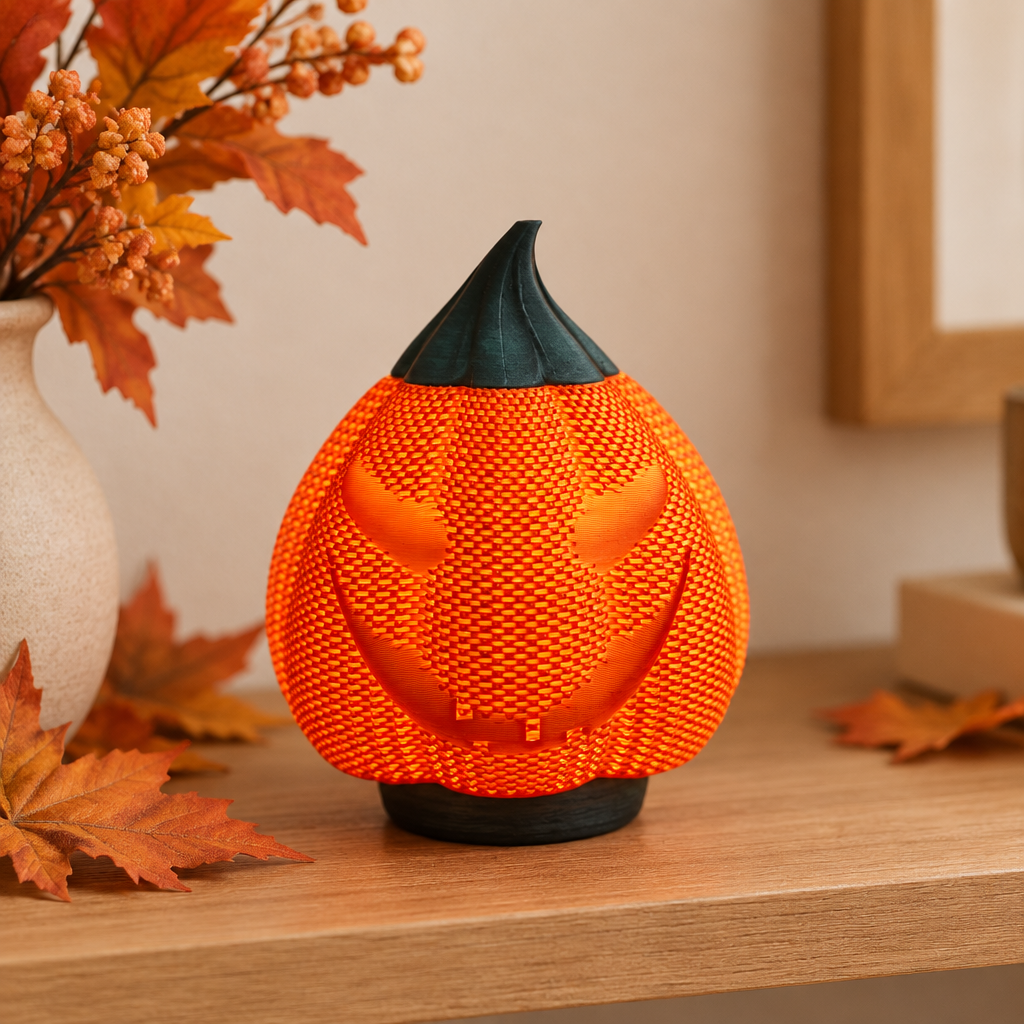 Orange mesh-textured Evil Pumpkin decoration on a minimalist seasonal display shelf