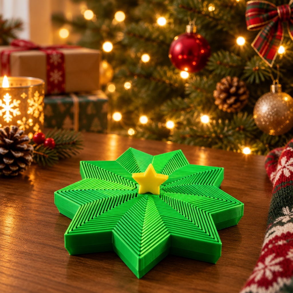 Neon green star-shaped spinner with a yellow centre star in front of a softly lit Christmas tree