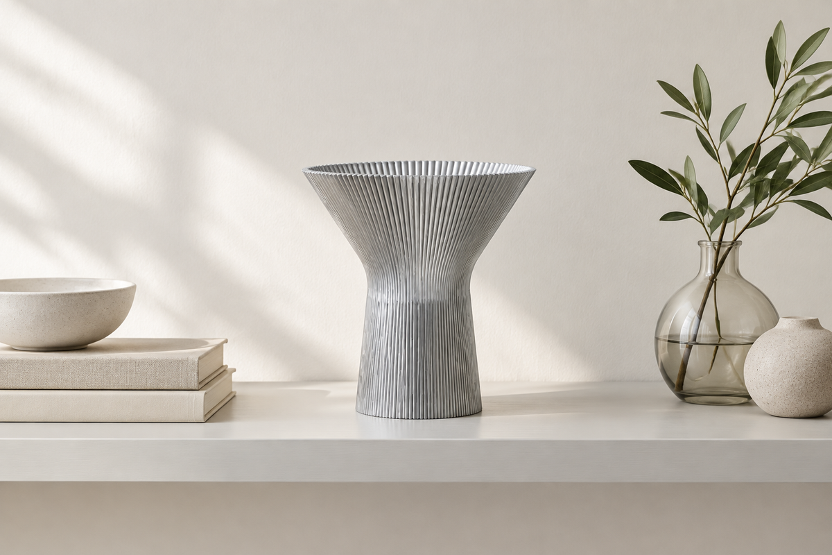 Silver pleated inverted funnel lamp on a clean pale display shelf.