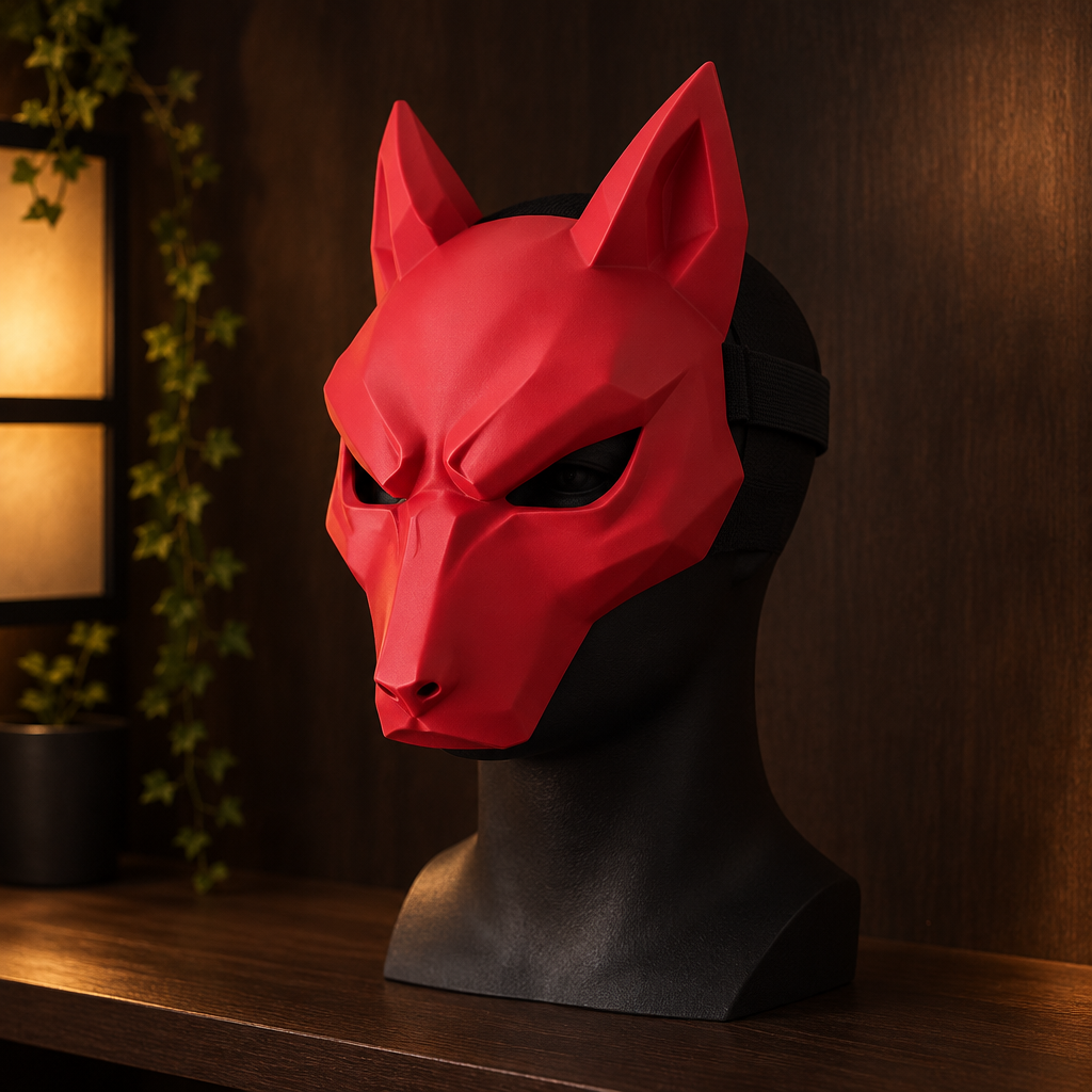 Red angular Kitsune Wolf Mask displayed on a dark mannequin head