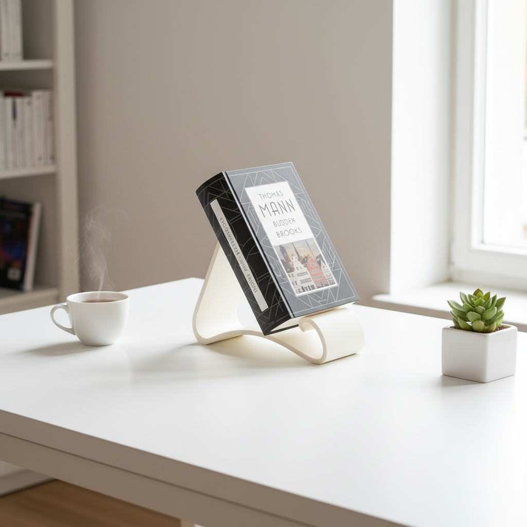 Wavy Book Stand displaying a closed hardcover book on a minimalist Scandinavian white desk with tea and succulent