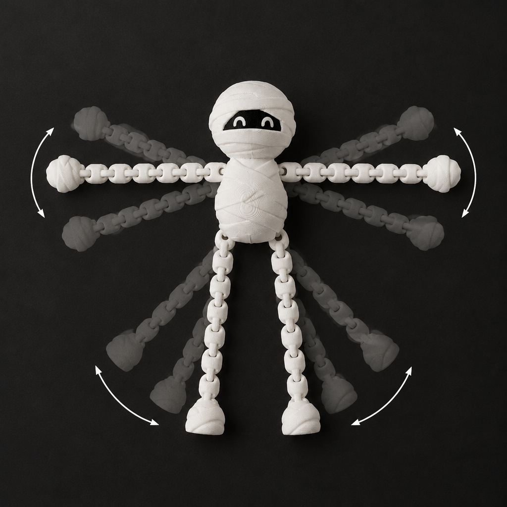 White skeleton fidget lying flat with both long arms extended