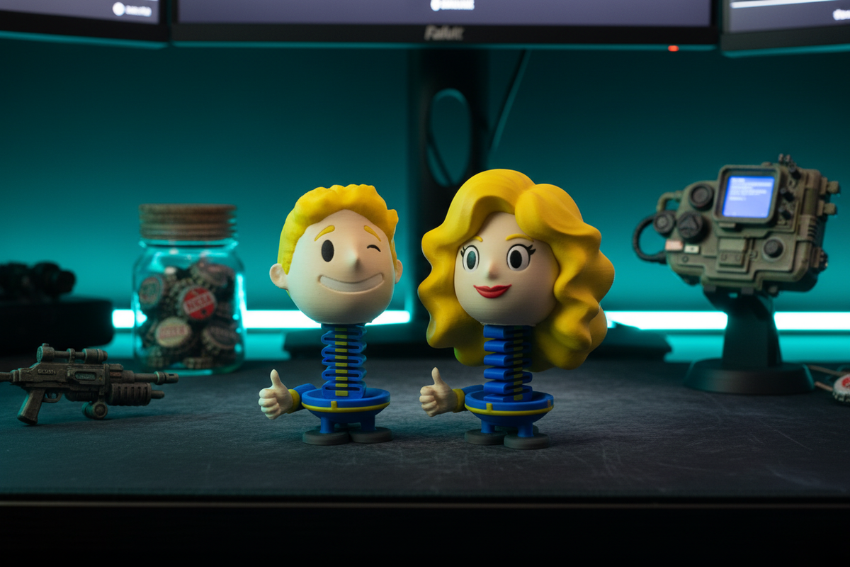 Fallout Vault Boy and Vault Girl Springie set displayed together on a dark gaming desk with Fallout memorabilia and moody blue-green ambient lighting