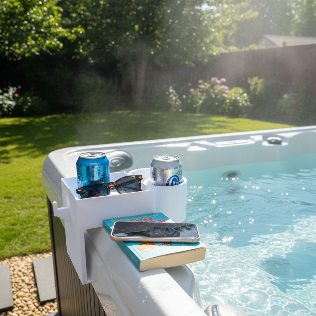White Hot Spot Rhythm Hot Tub Caddy clipped to hot tub edge holding drinks, book, phone and sunglasses in sunny garden