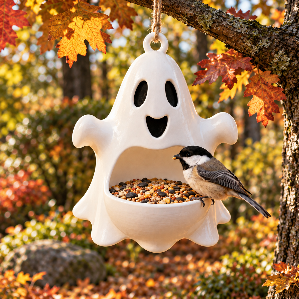 Ghost bird feeder hanging in autumn oak garden