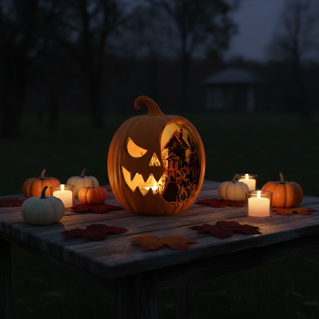 Jack-o'-Lantern Diorama glowing on rustic outdoor table with autumn leaves and candles
