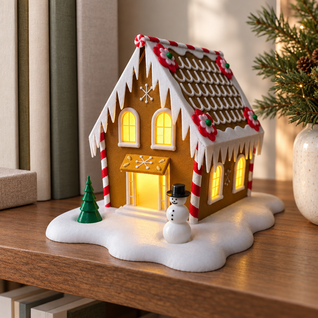 Miniature gingerbread cabin tealight holder on a home office bookshelf with winter greenery