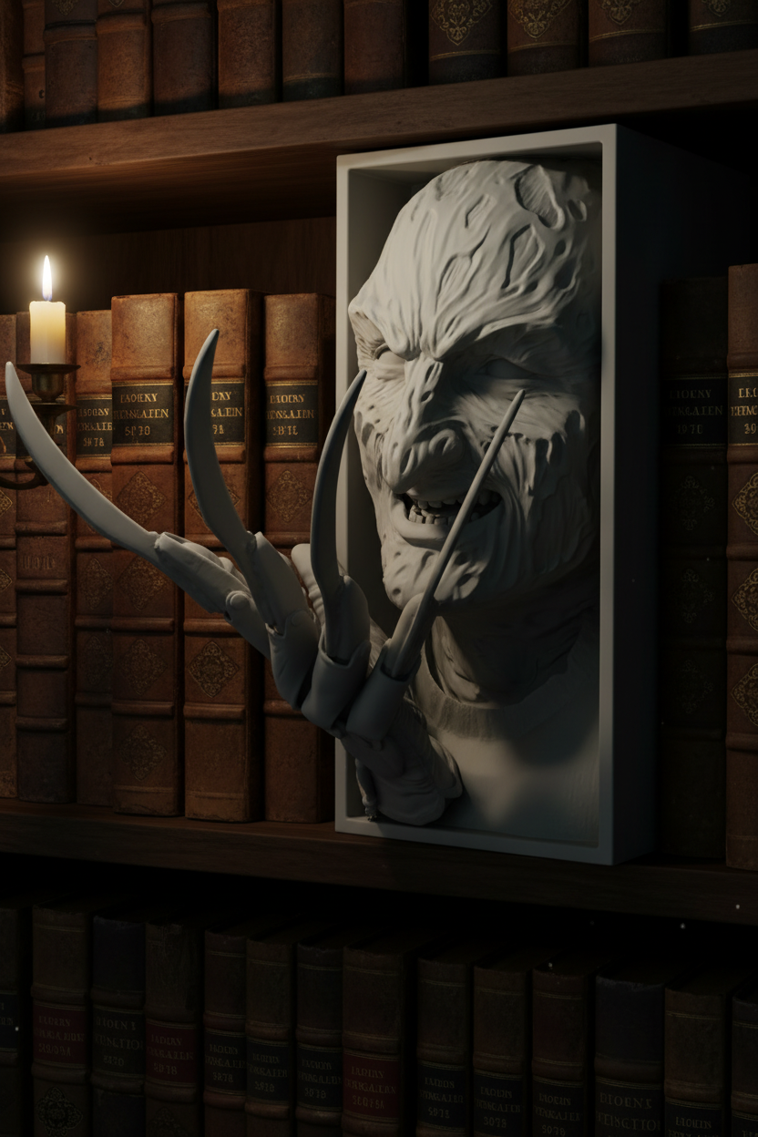 Freddy Krueger book nook relief sculpture grey framed box dark gothic library shelf antique hardcover books single candle raking side light long shadows scarred face razor claw blades eerie atmospheric portrait