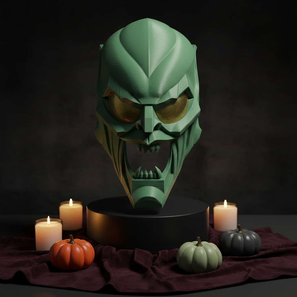Clean green geometric villain mask sculpture displayed in a tasteful Halloween setting