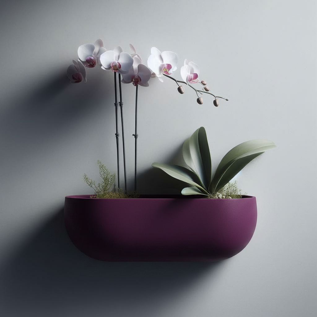 Oval Wall-Mounted Orchid Planter in purple — contemporary Scandinavian interior lifestyle