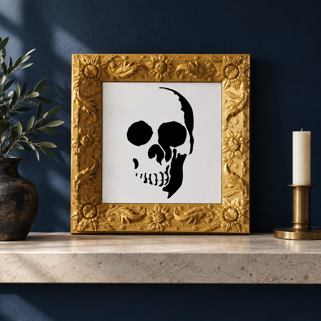 Picture Skull displayed on a light stone shelf against a navy wall