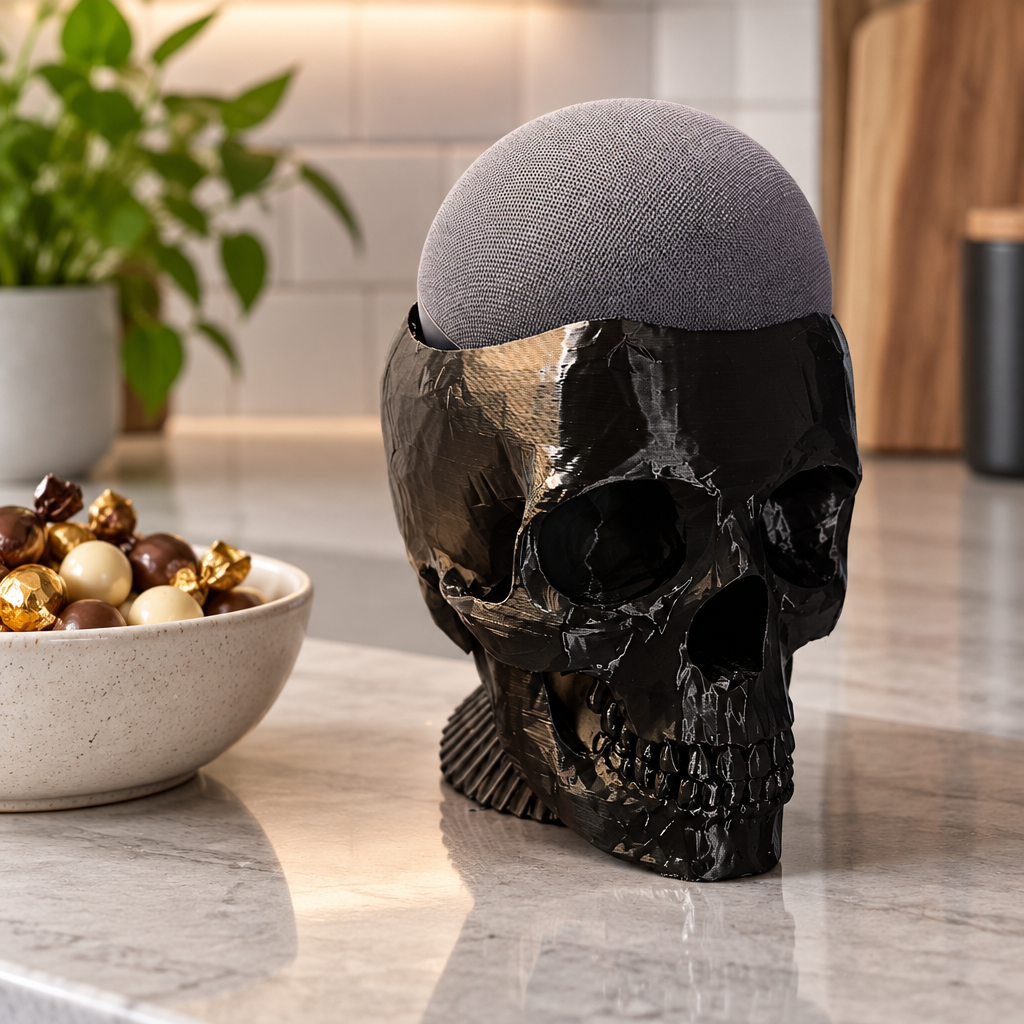 Large glossy black skull with a grey smart speaker as the dome on a kitchen counter beside a bowl of sweets