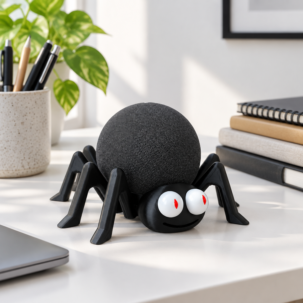 Spider Echo Dot skin on a white desk beside a pen pot and notebooks