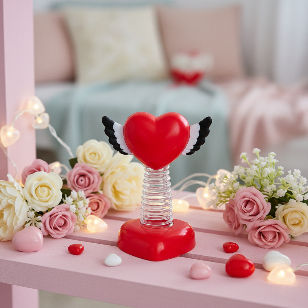 Valentine's Day Springie winged heart on spring — displayed on pastel pink shelf with heart decorations and fairy lights