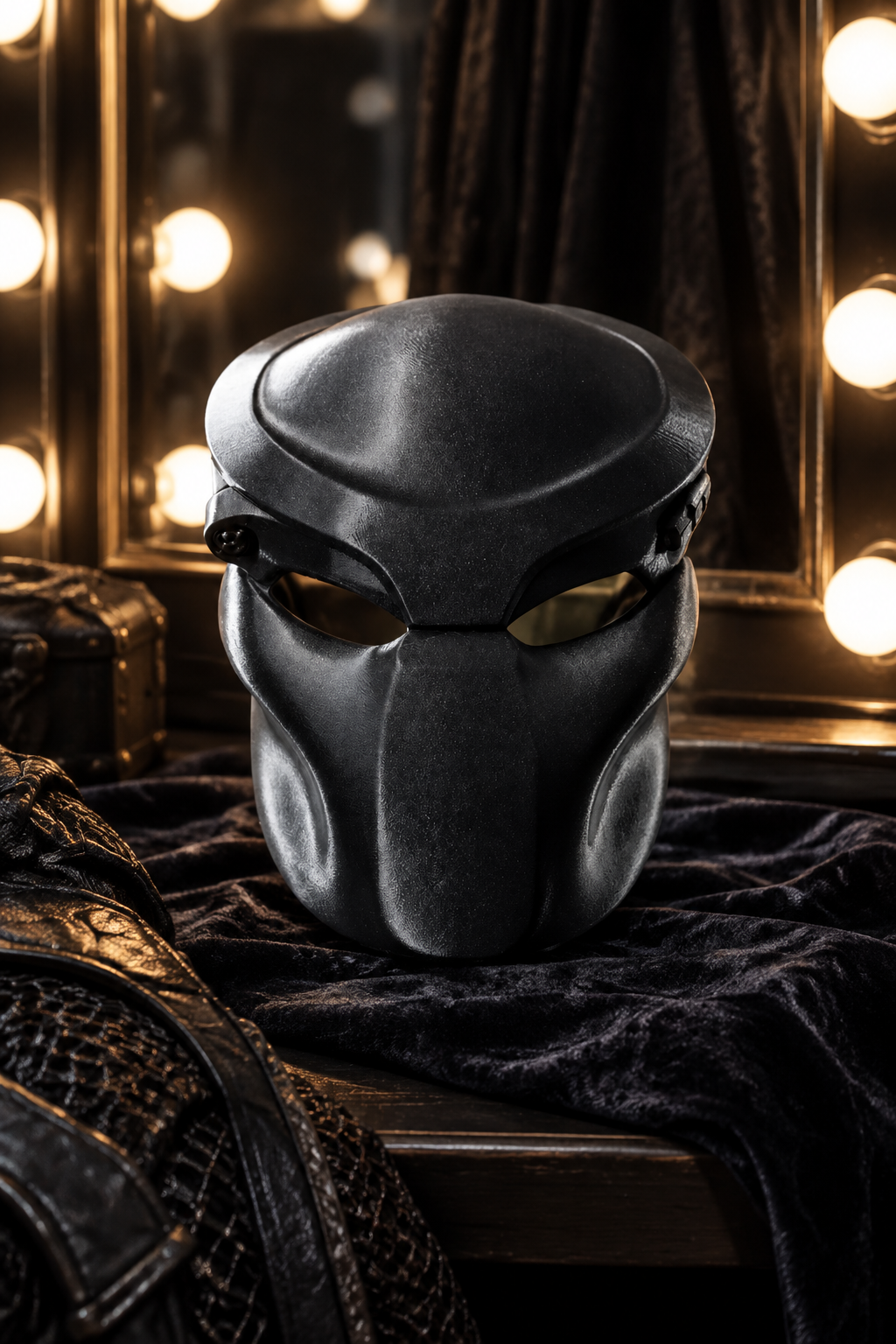 Black Predator Mask displayed on a theatrical dressing table with mirror bulbs