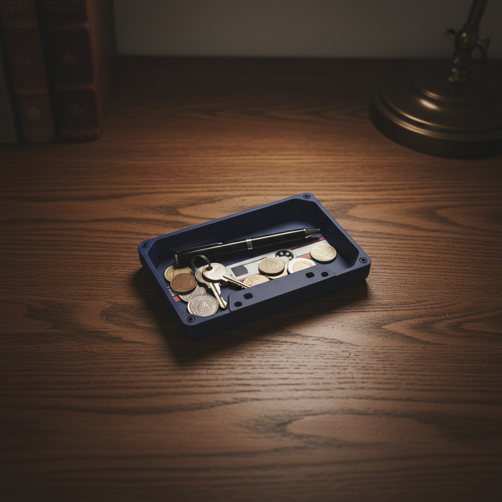 Navy blue cassette tape tray on dark oak desk with keys and coins