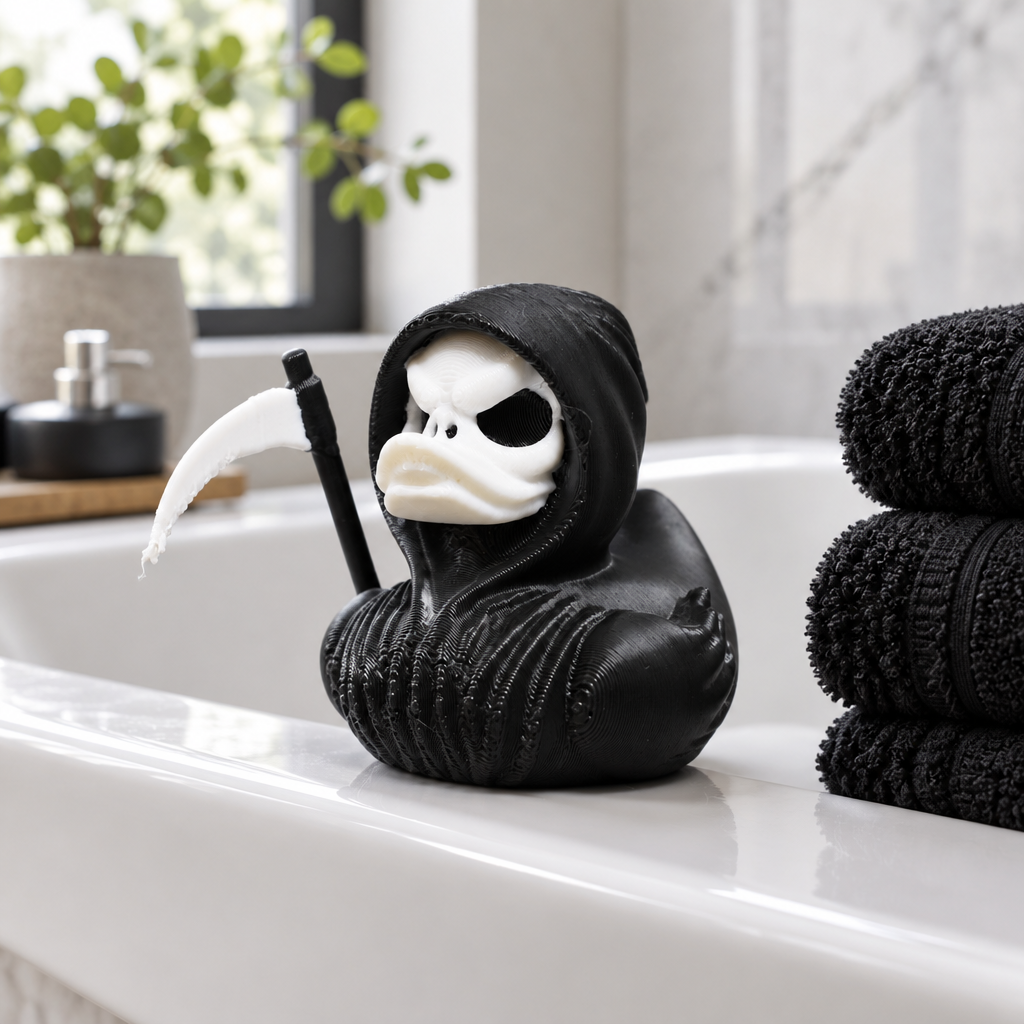 Grim Reaper bath duck displayed on the edge of a modern white bathtub