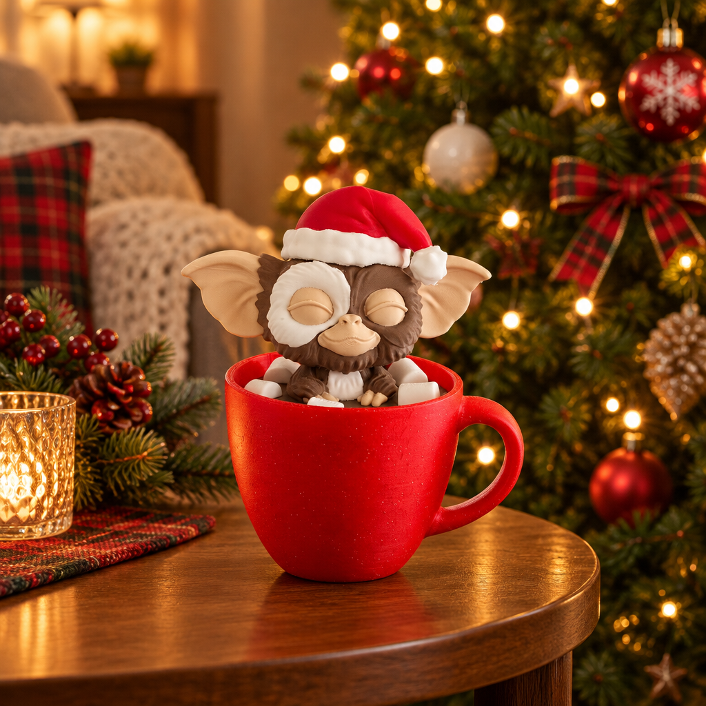 Gizmo in a red mug displayed beside a softly lit Christmas tree