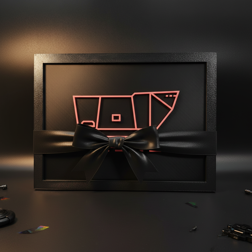 Sandcrawler neon line art shadow box presented as a premium gift with matte black ribbon and bow