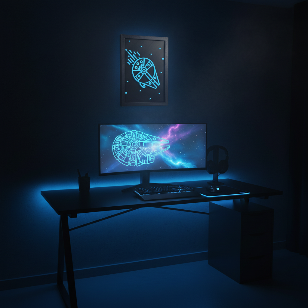 Millennium Falcon neon line art shadow box hung on a dark wall above a gaming desk with blue RGB lighting