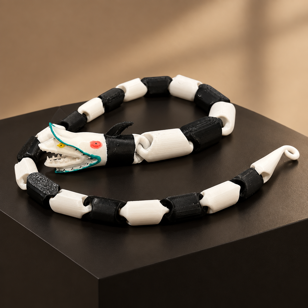 Black and white snake fidget displayed on a matte black plinth
