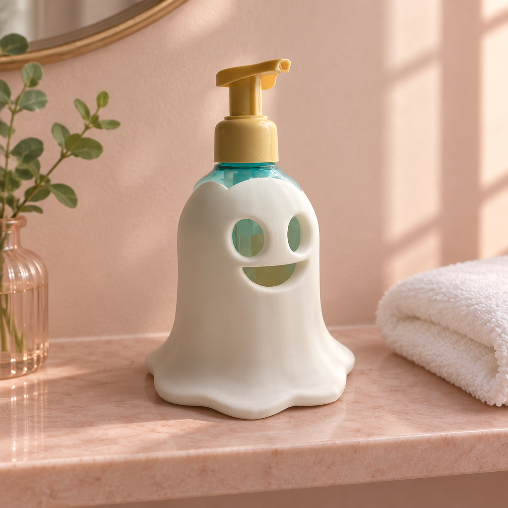 Ghost-shaped soap dispenser on a blush powder-room shelf