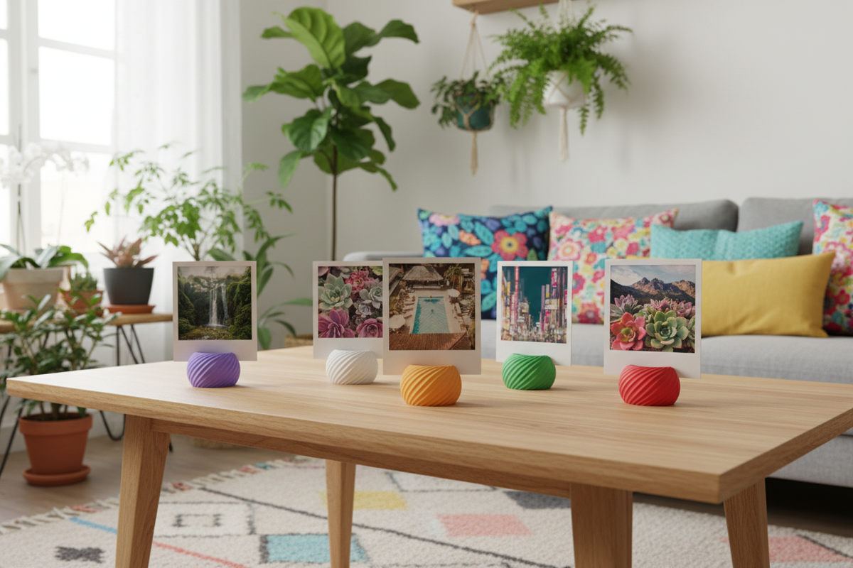 Five Swirl Base Photo Holders purple white orange green red matte pebble swirl twist texture staggered cluster each holding polaroid print warm light oak coffee table eclectic living room plants colourful cushions soft afternoon light wide editorial landscape