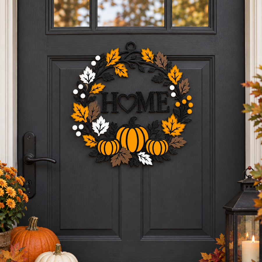 Halloween wreath with HOME and pumpkin details hanging on a charcoal front door