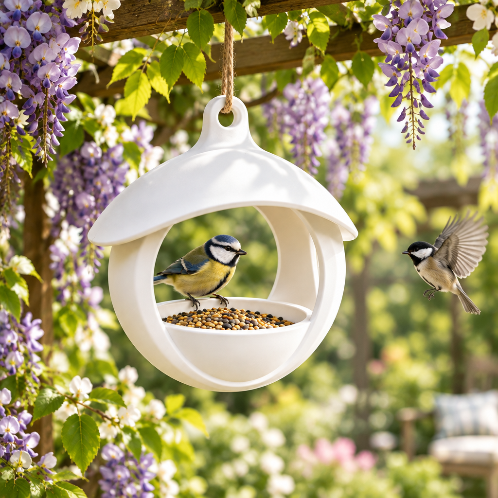 Spherical bird feeder beneath wisteria pergola