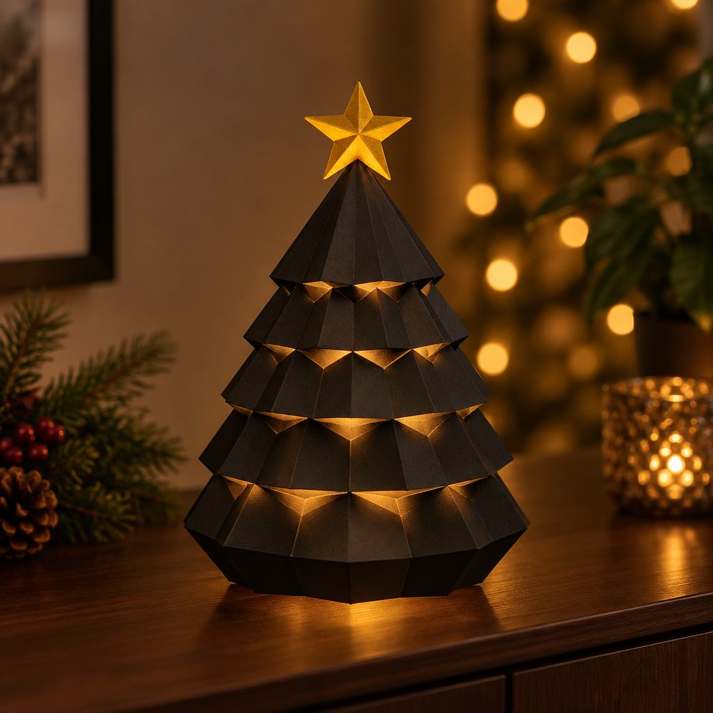 Black tiered Christmas tree tealight holder with a gold star glowing on a sideboard