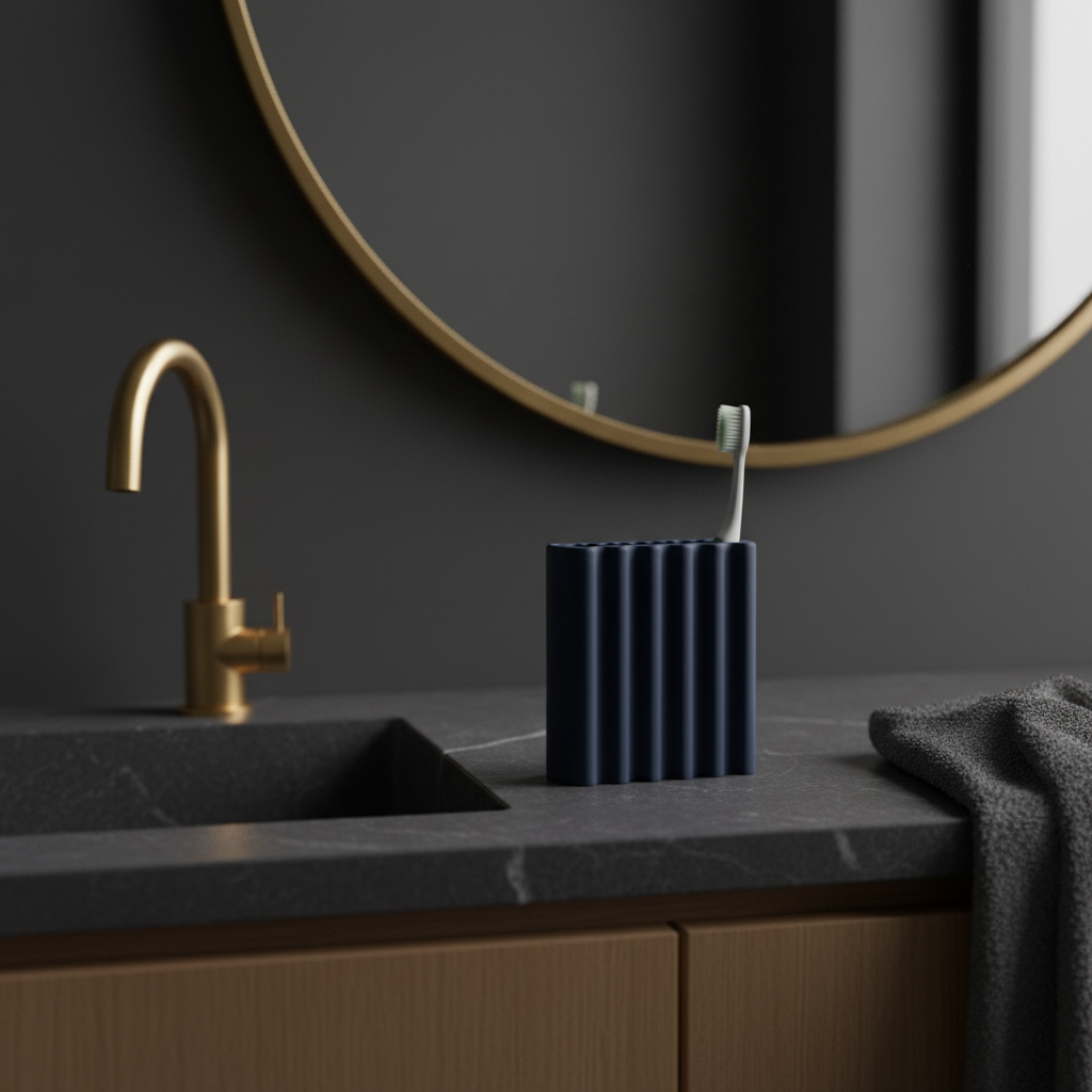 Wibble Toothbrush Holder navy blue on dark slate vanity