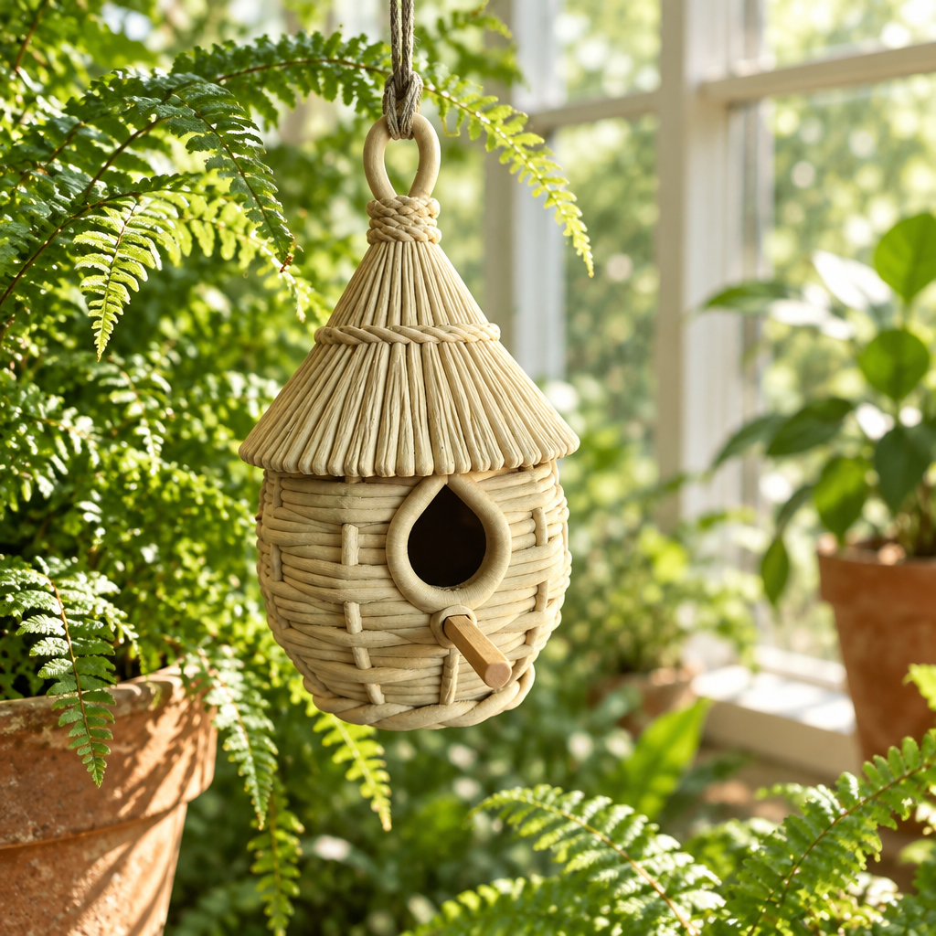 Weave Birdhouse in a conservatory with ferns