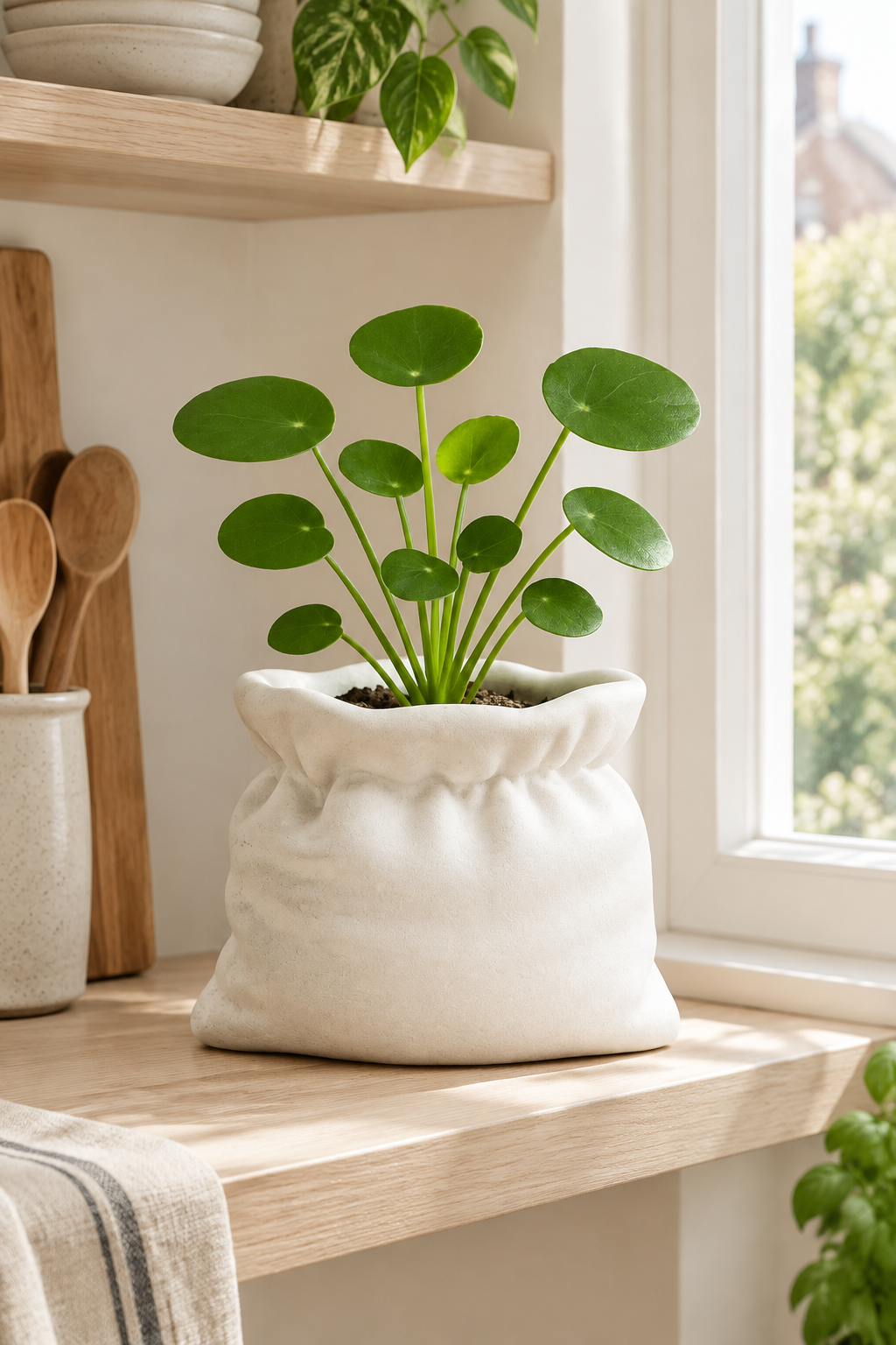White sack planter with a green plant on a light kitchen shelf