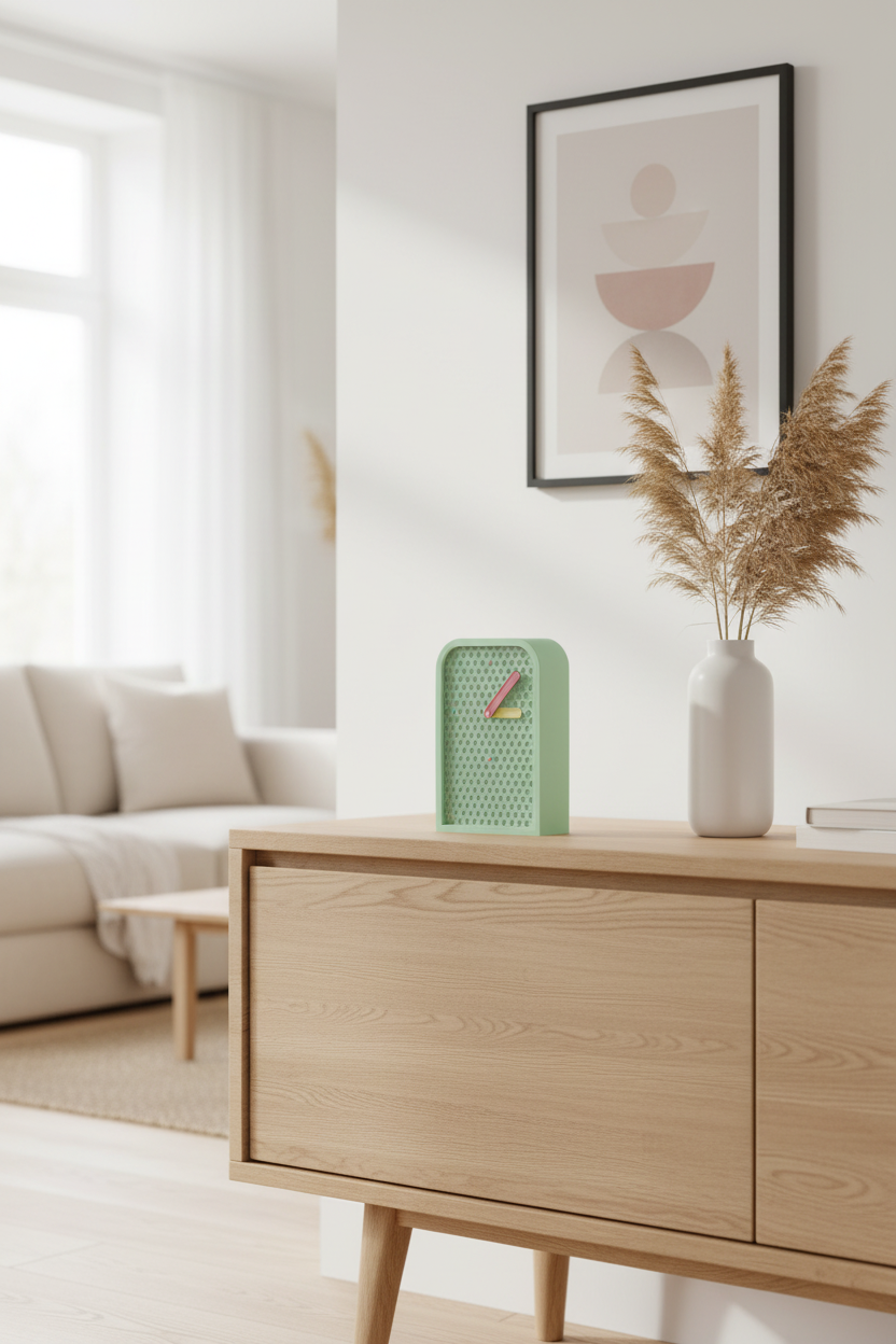 Sage green clock on oak sideboard with pampas grass - lifestyle