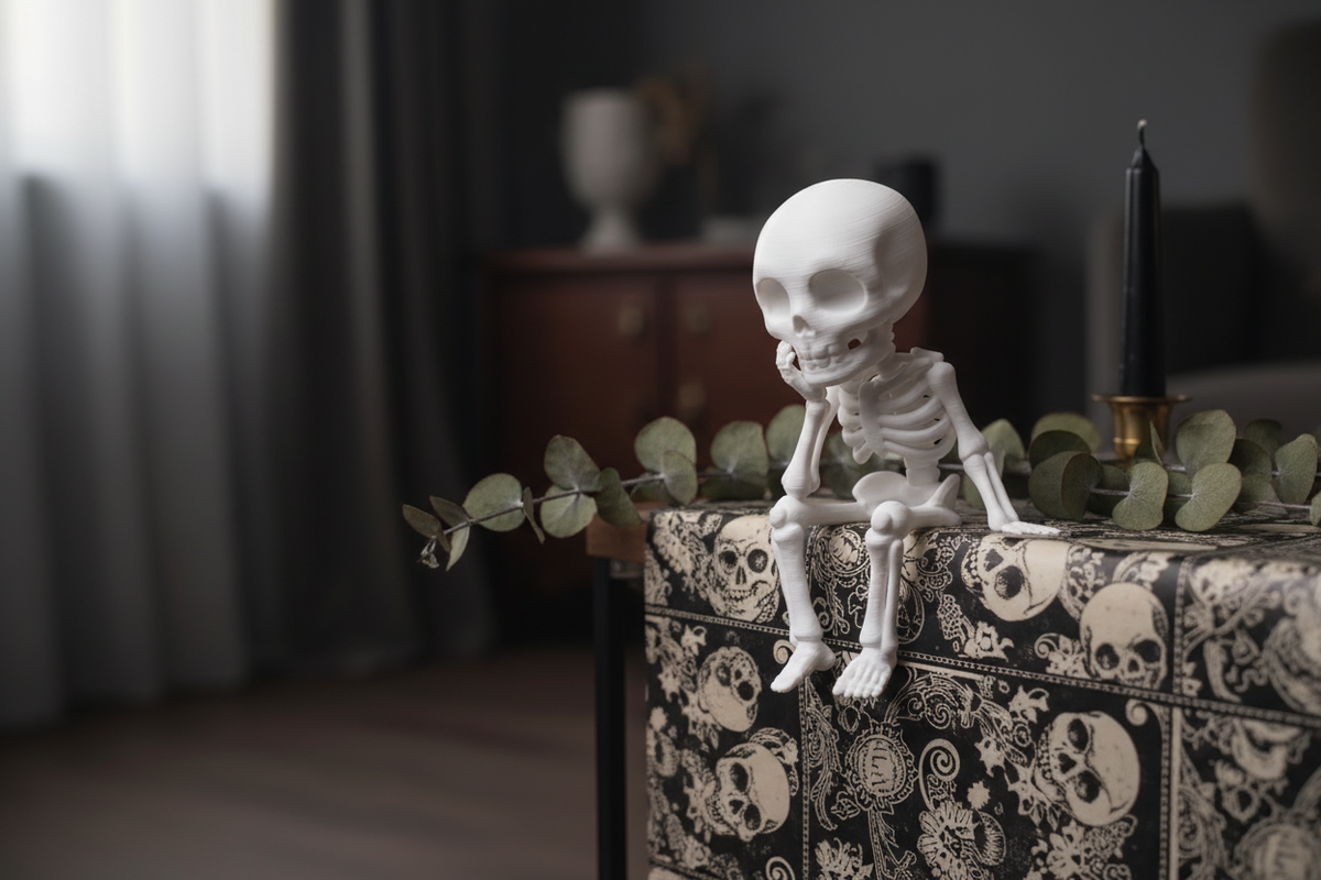 Sitting Sad Skeleton Figure styled as a gothic gift display