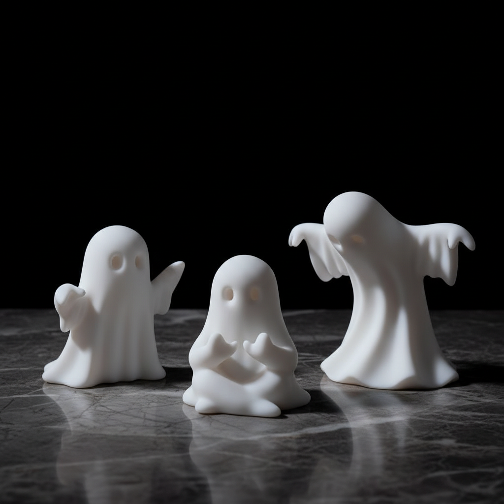 Three white ghost figurines on dark marble with dramatic studio lighting