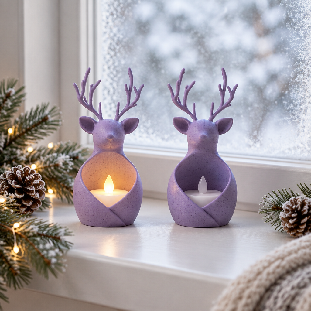 Purple reindeer tealight holders displayed by a frosted winter window