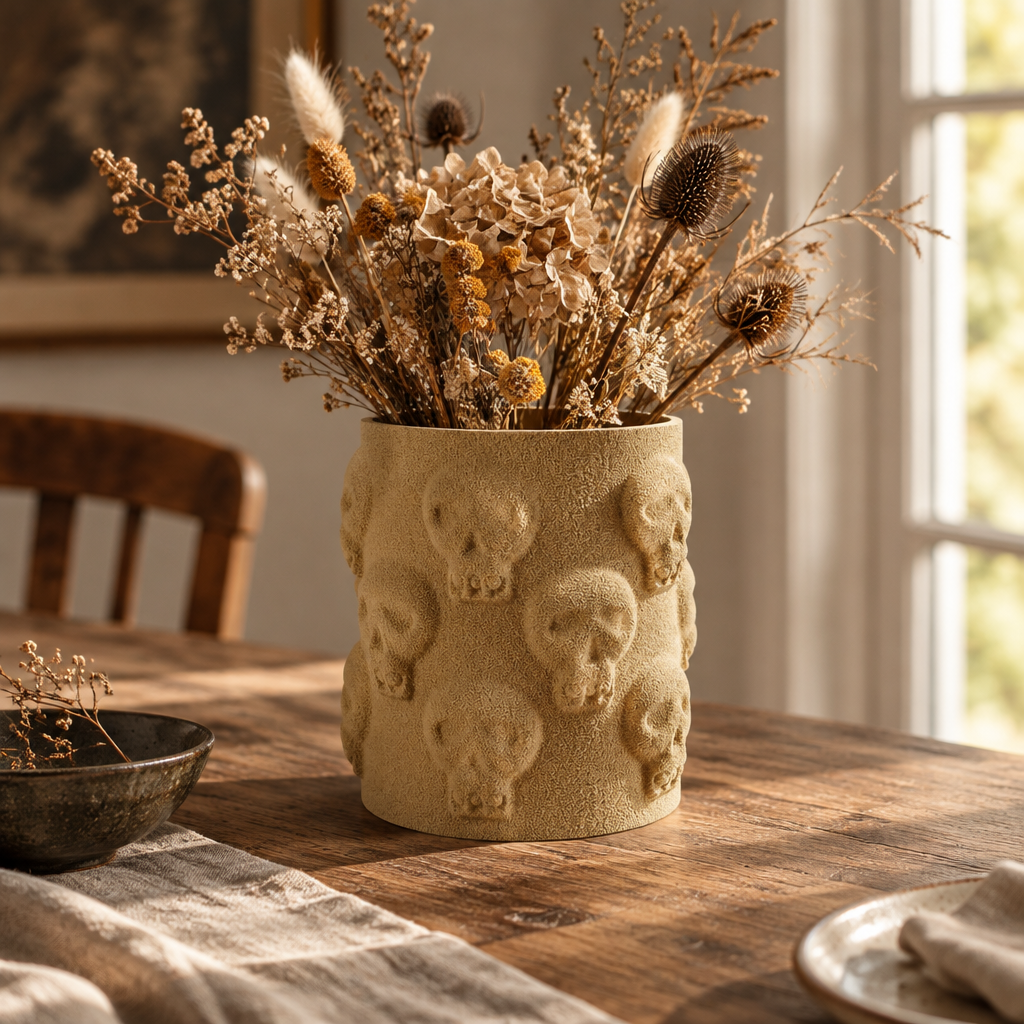 Skull Vase on rustic dining table