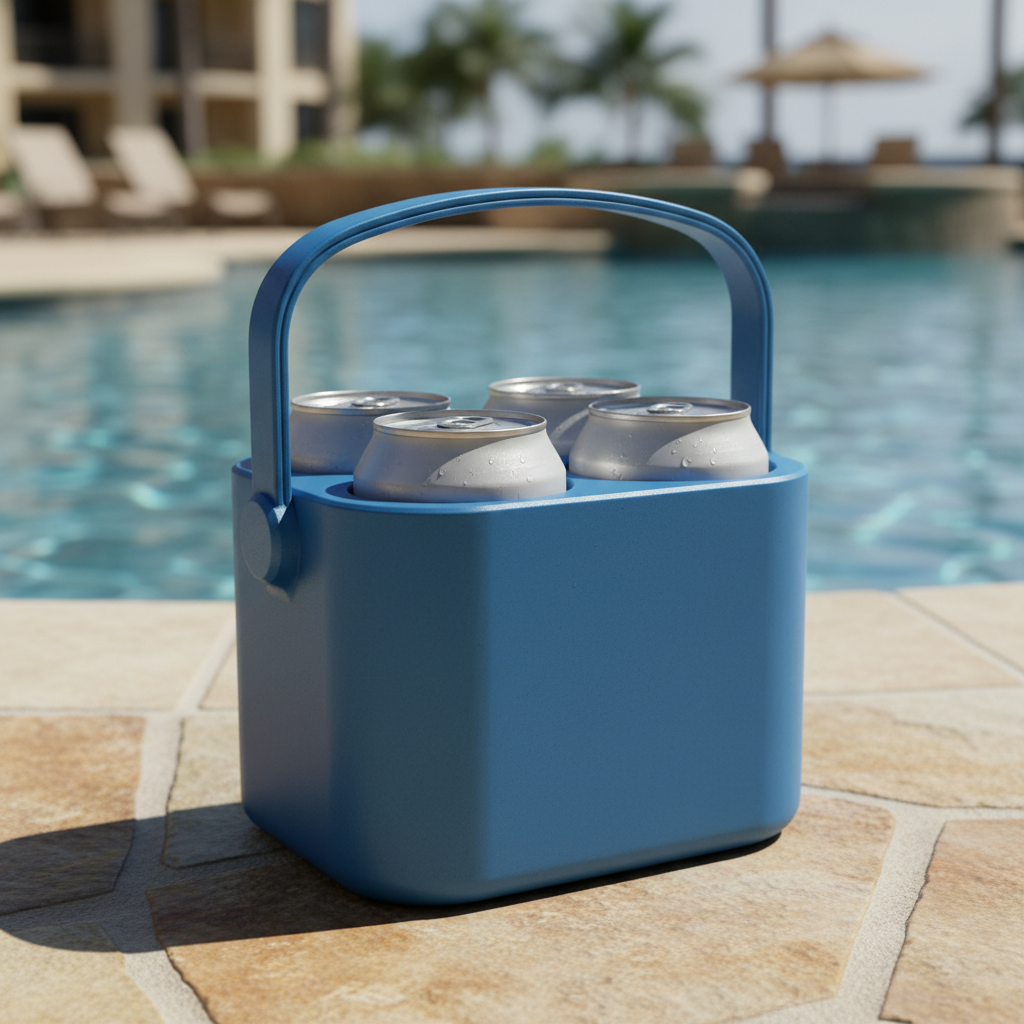 Freezable Four-Can Cooler Box - Blue colourway by swimming pool