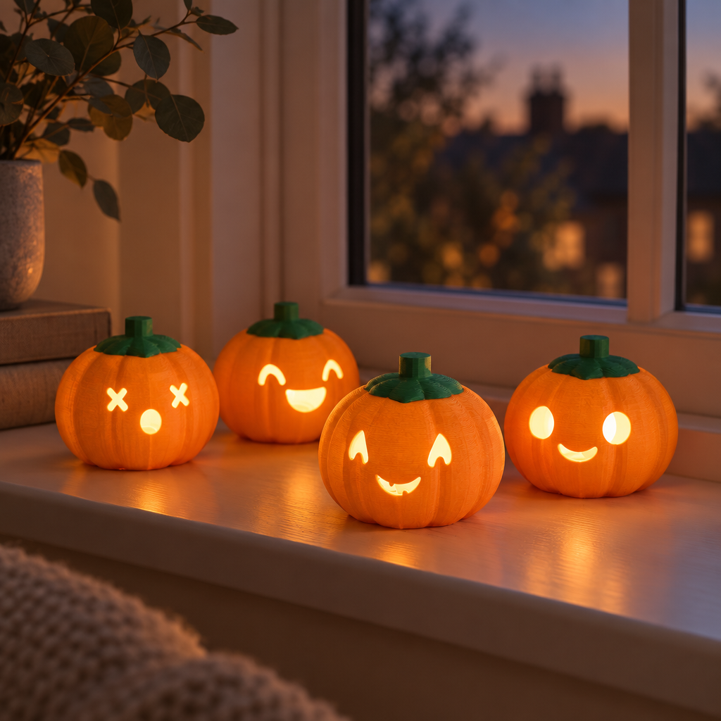 Four pumpkin lanterns on a windowsill